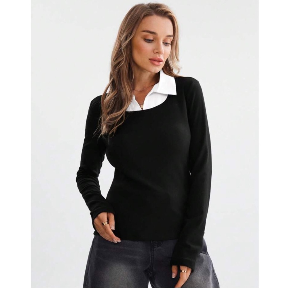 2 in 1 Collared Stretchy Black and White Long Sleeve Top